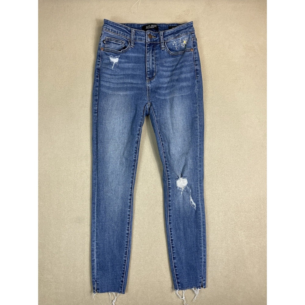 Judy Blue Jeans Womens 5/27 Skinny Fit Blue Distressed Daisy Embroidered EUC